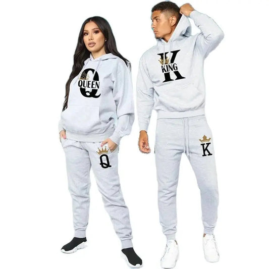 2024 New Autumn and Winter Men's and Women's Sweater Set KING QUEEN Loose Relaxed Hooded Print Couple Set Good Vibrations