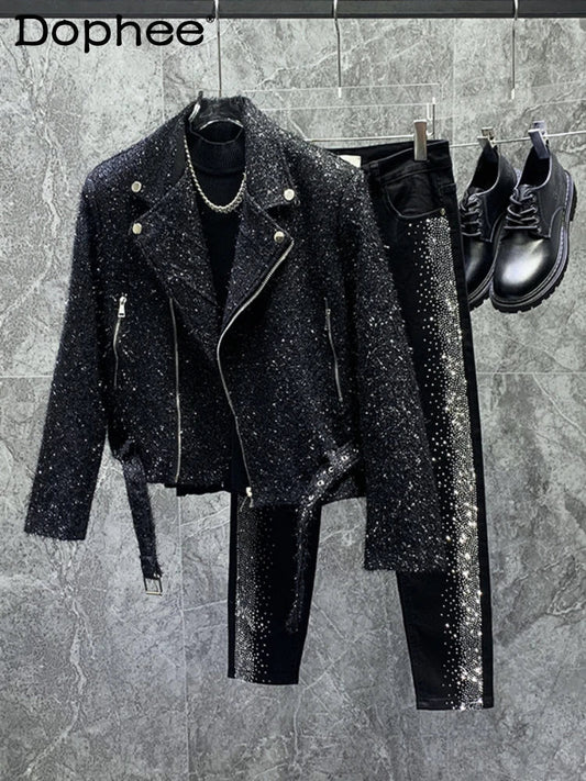 Autumn Winter High-End Bright Silk Design Short Suit Collar Jackets Loose Coat Men Handsome Fashion Trendy Male Solid Color Tops Good Vibrations