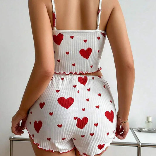 Women's Pajamas Set Sleepwear 2 PCS Short Tank Tops And Shorts S M L White Ventilate Soft Casual Love Printing Good Vibrations