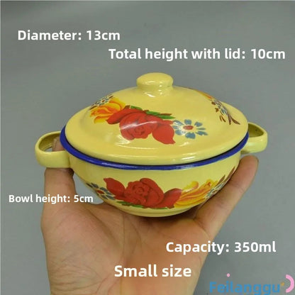 Enameled Bowl with Lid Curry Bowl Retro Sle Double Ear Pork Fat Basin Nostaic Children Iron Bowl Blue Glaze Enamelware Good Vibrations