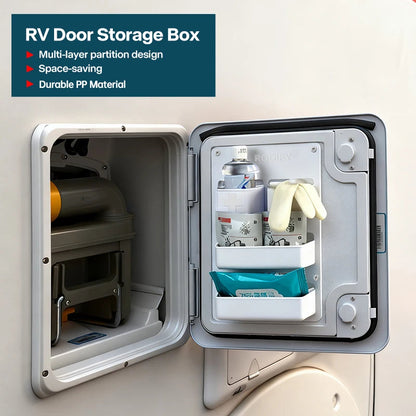 Camper RV Door Organizer Storage Box ABS Compartment Shelf for Motorhome Caravan Van Waste Tank Hatch Good Vibrations