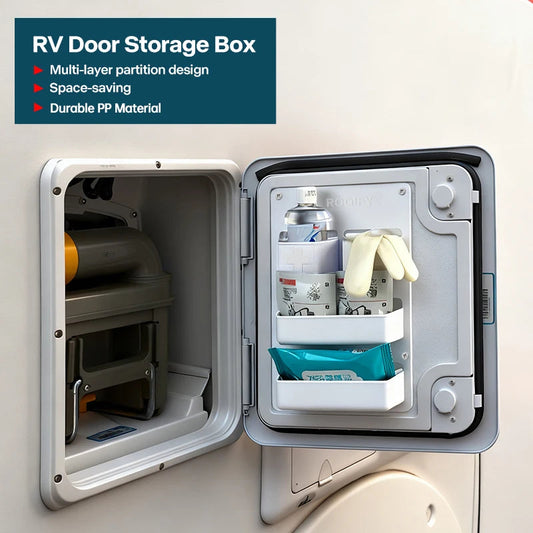 Camper RV Door Organizer Storage Box ABS Compartment Shelf for Motorhome Caravan Van Waste Tank Hatch Good Vibrations