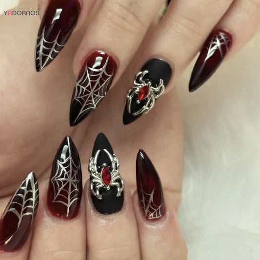 Halloween Fake Nails with 3D Metal Spider Designs Almond Black Red Press on Nails Women Girls Halloween Party False Nails 24Pcs Good Vibrations