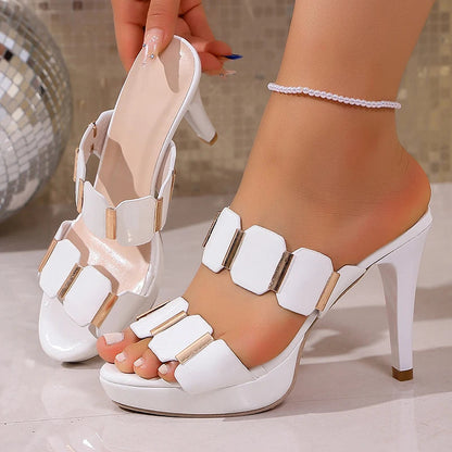 10 High Heels Platform Sandals Women 2026 Summer Metal Decor Stiletto Heel Party Shoes Woman Elegant Pointed Toe Sandles 35-41 Good Vibrations