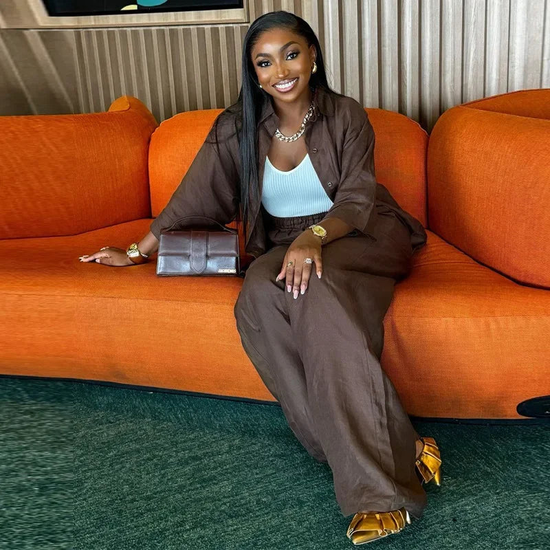 Women Two Piece Pant Sets Women solid Shirt Coffee Round Neck Straight Long Pants Suits Autumn Spring Tracksuit Sets 2025 Good Vibrations