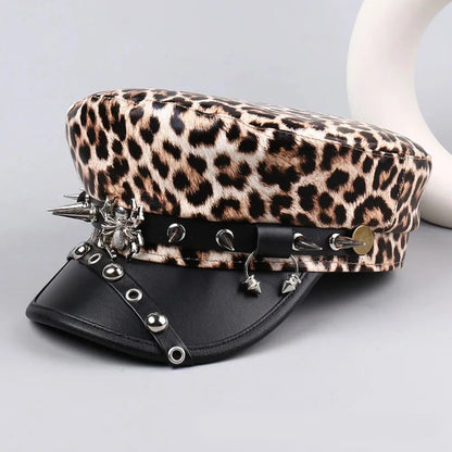 Retro Hip-hop Rivet Leopard Hat Harajuku Punk Y2k Beret Hat Gothic Silver Flat Top Cap for Girls Good Vibrations