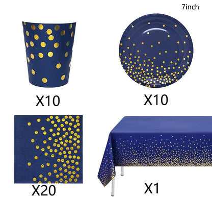 Navy Blue Gold Party Decorations Blue and Gold Disposable Tableware Set Paper Plates Cups Napkin Tablecloth Wedding Anniversary Good Vibrations