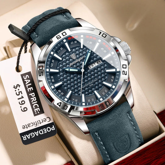 POEDAGAR Original Man Wristwatch Top Luxury Waterproof Luminous Date Week Watch For Men Quartz Sport Leather Men's Watches Reloj Good Vibrations