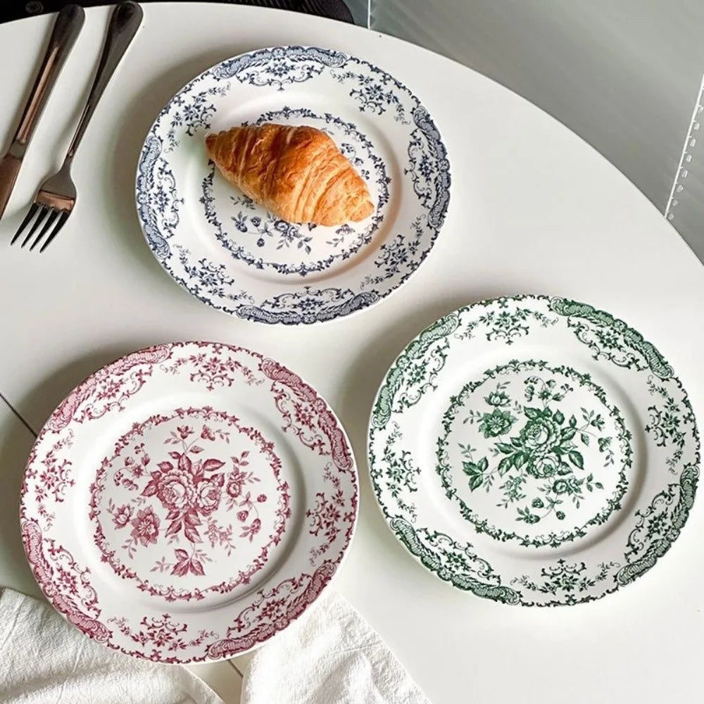 Dinner Set Retro Nordic Flower Pattern Disc Ceramic Elegant Dinner Plate Exquisite Round Shallow Plate Kitchen Good Vibrations