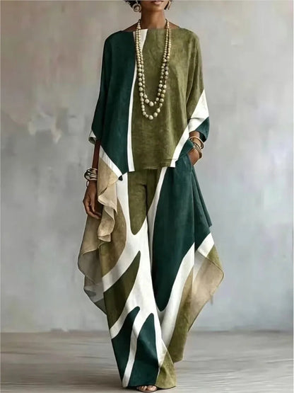 Women 2 Piece Outfit Set Print Top & Wide Leg Pants Loose Casual Ladies Boho Matching Suit Autumn Fashion Elegant Sets New Good Vibrations