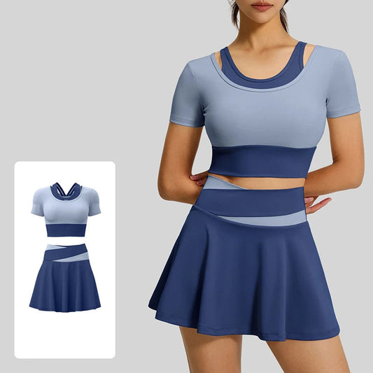 Women's Two Tone 2 Piece Yoga Set Short Sleeve Yoga Top with Bra Pads High Waist Skort with Liner Running Fitness Sportswear Good Vibrations