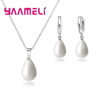 925 Sterling Silver Color Pearl Pendant Necklace Loop Hoop Earrings White Teardrop Women Girls Wedding Party Nice Gifts Good Vibrations Adult Super Store