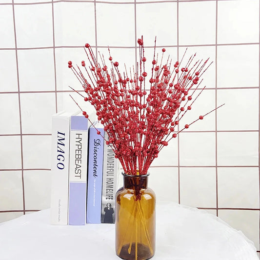 Christmas Tree Decoration, Fake Glitter Berry Leave, Dried Branch, Golden Powder, Flower Material, New Year Party, 1Pc, 12 Forks Good Vibrations