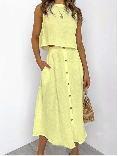 Summer Outfits For Women 2023 New Casual Cotton Linen Suit Loose Sleeveless Vest Single-breasted Skirt 2 Piece Set Women Outfit Good Vibrations