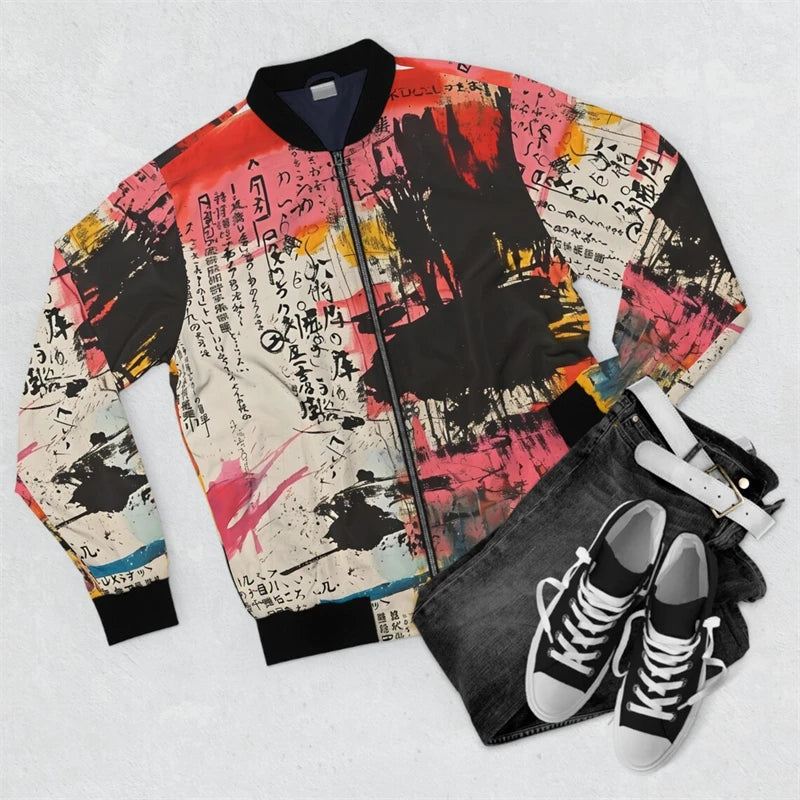 Harjauku Japanese Style Graffiti Art Men's Oversized 3D Jacket Sportswear Autumn Long Sleeve Zipper Sweater Baseball Jackets GYM Good Vibrations