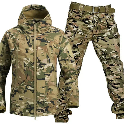 Winter Thicken Men Camo Suit Waterproof Tactical Training Set Multi-pocket Hooded Jacket Fleece Pants Outdoor Hunting 2-piece Good Vibrations