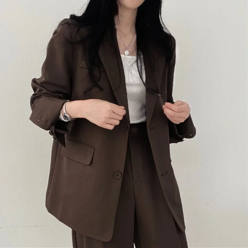 Classic Solid Color Women's Suit Set Fashion Loose Casual Design Spring Autumn Two-Piece Sets Office Long Sleeve Pocket Suits Good Vibrations