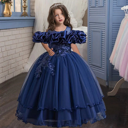 New Elegant Girl Party Dress Long Wedding Bridesmaid Dress 4-13 Year Old Mesh Embroidered Graduation Ball Evening Dress Good Vibrations