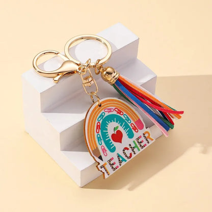 Teachers Day Gift Keychain Graduation Decorations 2025 Bus Book Wood Pendant Bag Charms Tassel Key Chains for Best Friends Gifts Good Vibrations