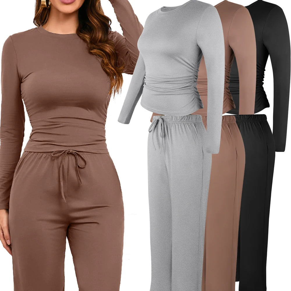 Women drawstring Set Soft Home Clothes Wide-leg Pant Long Sleeve Round Neck Top Comfortable Yoga Outfit Pullover Sleepwear 2025 Good Vibrations