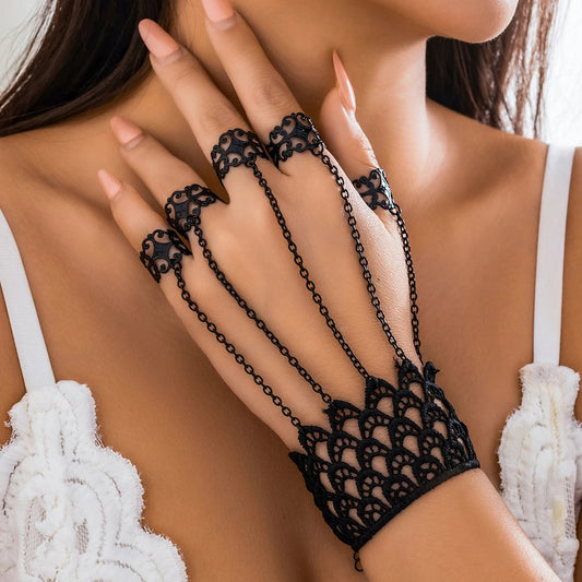 Creative Vintage Black Lace Finger Wrist Chain Rings Bracelets for Women Metal Connecting Hand Harness Bangles Halloween Jewelry Good Vibrations