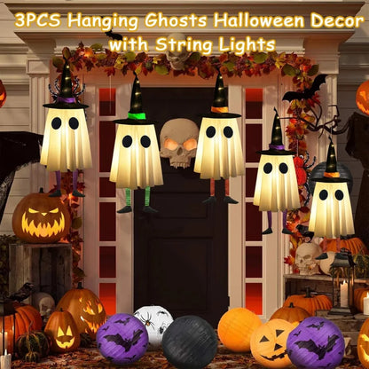 Halloween Hanging Ghost Decorations, Outdoor Halloween Witches Hat Lights, Glowing Ghosts for Garden Trees, Yard Halloween Decor Good Vibrations