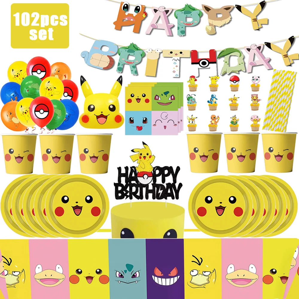 Pokemon Birthday Party Supplies Pikachu Decoration Banner Balloons Tableware Set Plates Napkins Baby Shower Children's Toy Gifts Good Vibrations