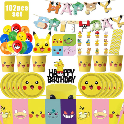 Pokemon Birthday Party Supplies Pikachu Decoration Banner Balloons Tableware Set Plates Napkins Baby Shower Children's Toy Gifts Good Vibrations