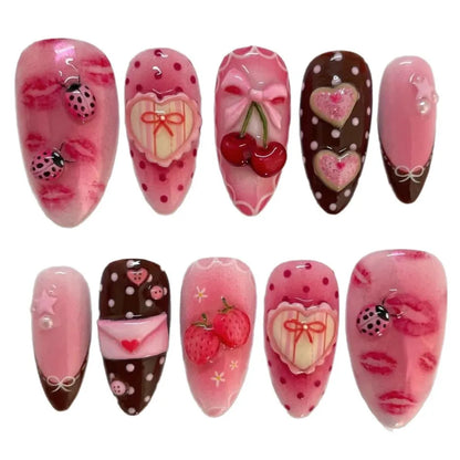 24pcs Sweet Letter Press On Nails Cute Cherry Bowknots Ladybug Strawberry Decor False Nails Blush Pink Almond Fake Nail For Girl Good Vibrations