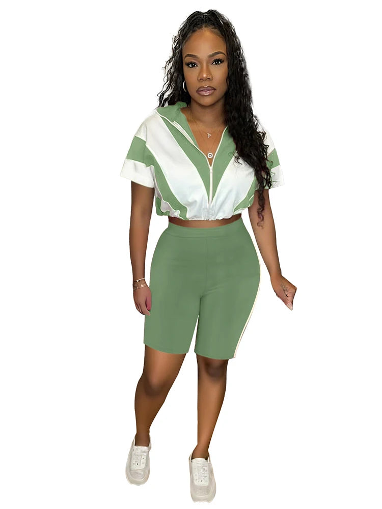 Colorblock Women Tracksuit Sets Short Sleeve Top and High Waist Tight Shorts Suit 2025 Summer Two 2 Piece Biker Short Set Outfit Good Vibrations