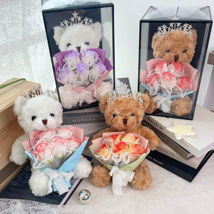 1pcs Plush Bear Rose Flower Bouquet Gift Box Luxury Artificial Soap Flowers Wedding Birthday Christmas New Year Party Decor Prop Good Vibrations