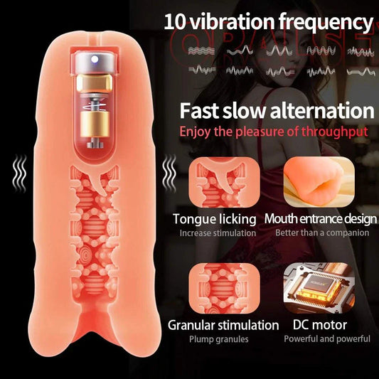 Men's automatic tongue licking oral sex toy with 10 vibration frequencies, granular stimulation, and mouth entrance design for enhanced pleasure.