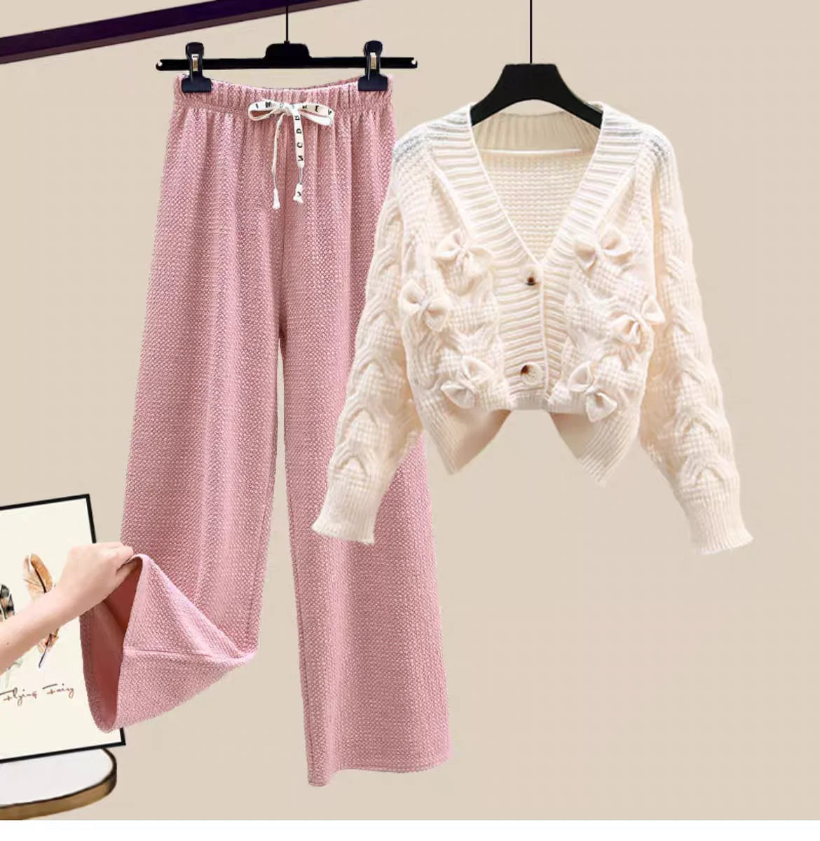 Two Piece Set For Women New In Sweater Matching Sets Korean Sweet Bow Outfit Long Sleeve Cardigan Knitwear Wide Leg Pants Set Good Vibrations