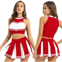 Carnival Costume 2Pcs Womens Adults Cheerleading Uniform Cosplay Outfit Crop Top with Mini Skirt Halloween Fancy Dress Up Party Good Vibrations