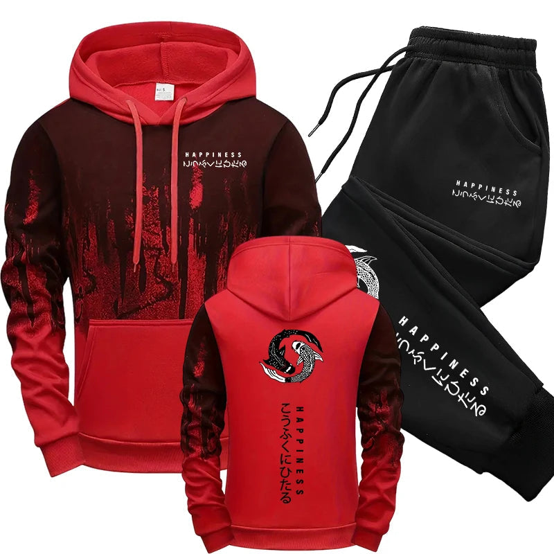 Japanese Fashion Men's Tracksuit Hoodies Sweatpants 2 Piece Set Fall&winter Daily Casual Sporty Jogging Suit Urban Trend Outfits Good Vibrations