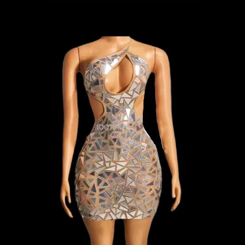 New Sexy Women Party Off Shoulder Evening Dress Silver Mirrors Hollow Out Sequins Hip Wrapped Dresses Jazz Pole Dance Stage Wear Good Vibrations