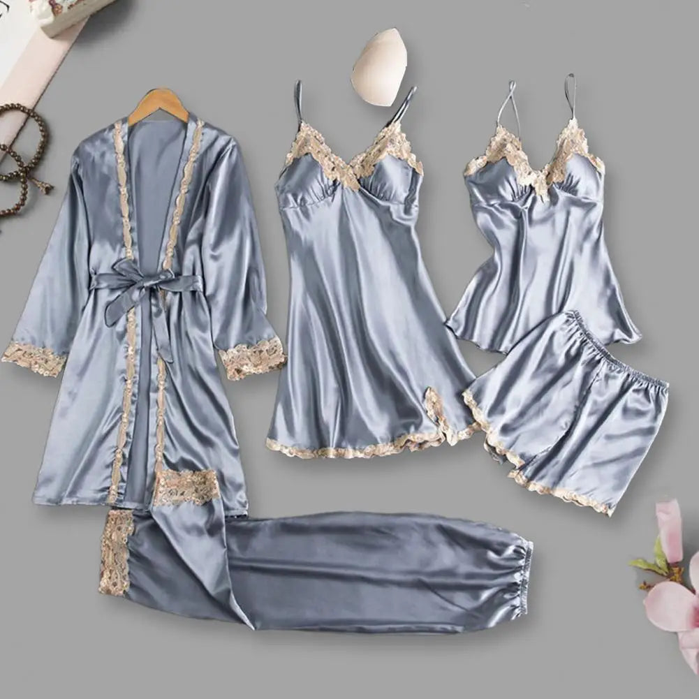 5 Pcs/Set Women Pajamas Set Nightgown Nightdress Top Shorts Pants Set Silky Satin Lace Lace-up Waist Thin Homewear Sleepwear Set Good Vibrations