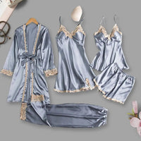5 Pcs/Set Women Pajamas Set Nightgown Nightdress Top Shorts Pants Set Silky Satin Lace Lace-up Waist Thin Homewear Sleepwear Set Good Vibrations