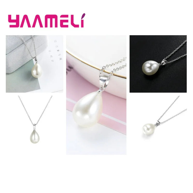 925 Sterling Silver Color Pearl Pendant Necklace Loop Hoop Earrings White Teardrop Women Girls Wedding Party Nice Gifts Good Vibrations Adult Super Store