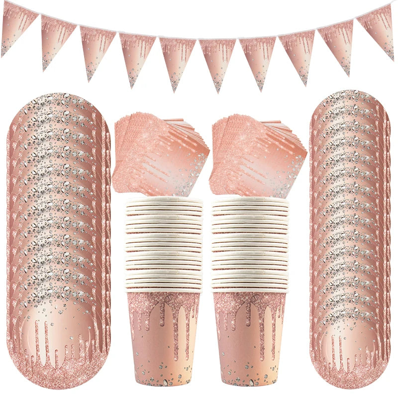 Rose Gold Disposable Tableware Diamond Pattern Paper Cups Plates Straws Table Decoration Wedding Birthday Party Supplies Good Vibrations