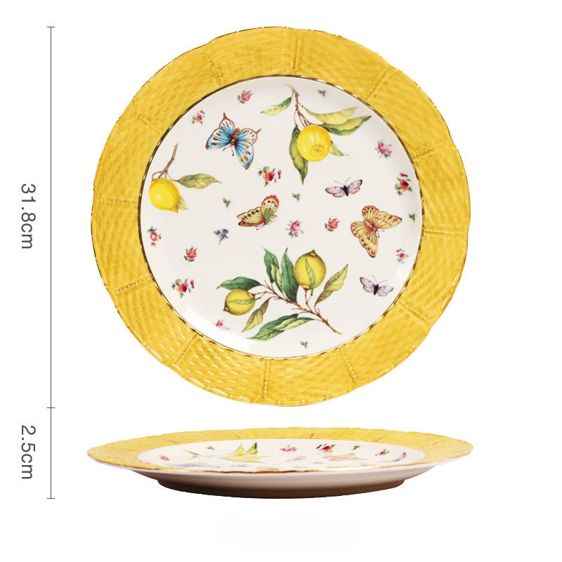 Europeanc Style Ceramic Dining Plate Elegant Lemon Pattern Dinner Steak Plate Coffee Cup Set Western Cuisine Dessert Plate Good Vibrations