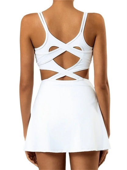 Tennis Dress Women Sleeveless Push Up Padded Sport Dresses Training Running Fitness Hollow Out Backless Slim Badminton Suit Good Vibrations