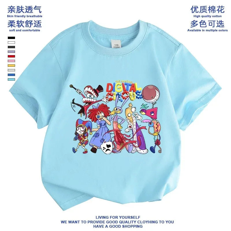 2026 Pure cotton boys and girls' short-sleeved T-shirt summer children's clothing cartoon magic digital circus children's top Good Vibrations