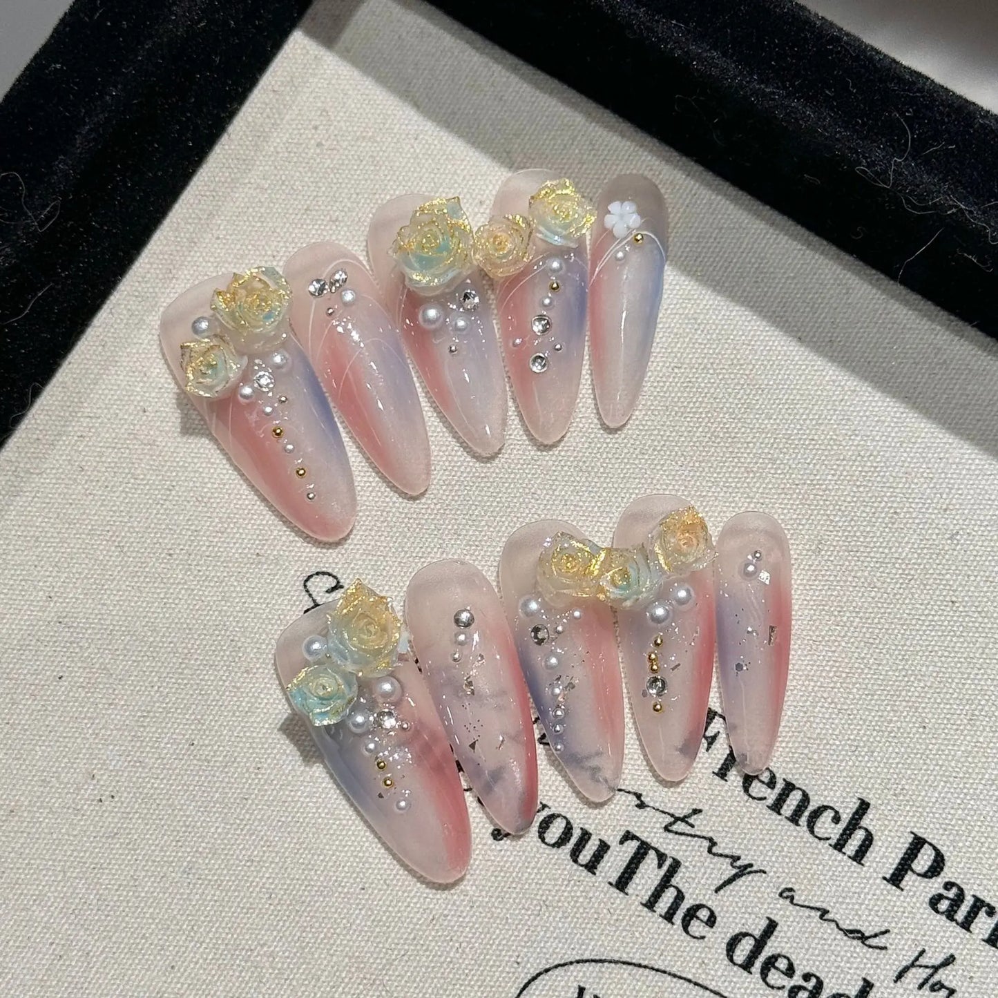 Handmade Press on Nails Ins Sweet Pink Blue Color Fake Nails for Girls Wearable 3D Cherry Love Star Korean Cute False Nail Tips Good Vibrations