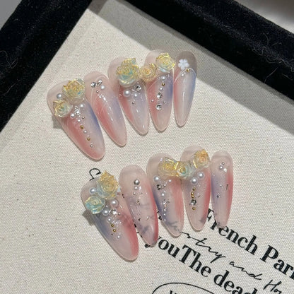 Handmade Press on Nails Ins Sweet Pink Blue Color Fake Nails for Girls Wearable 3D Cherry Love Star Korean Cute False Nail Tips Good Vibrations
