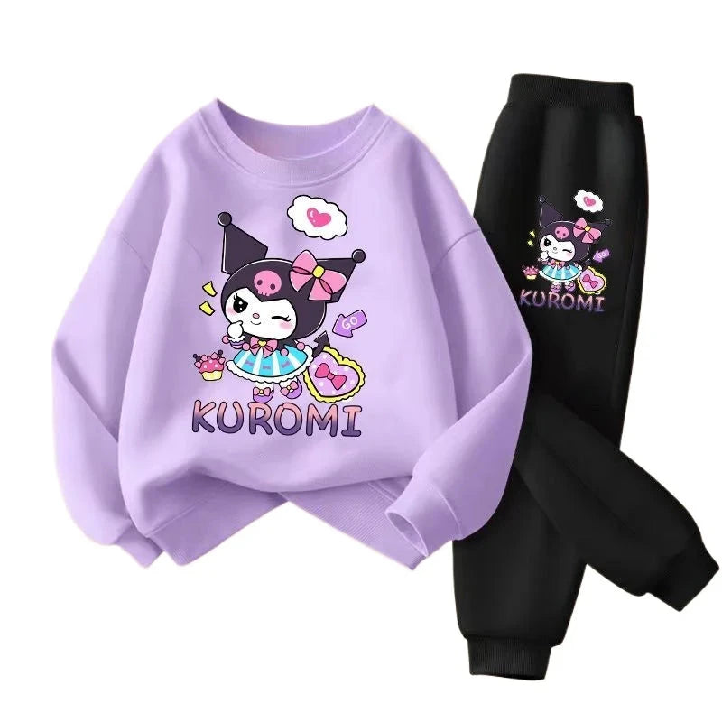 SANRIO Spring Autumn Children Clothing Sets Cartoon Kuromi Print Girls Sweatshirt  2pcs Suit Breathable Thin Kids Tracksuit Good Vibrations