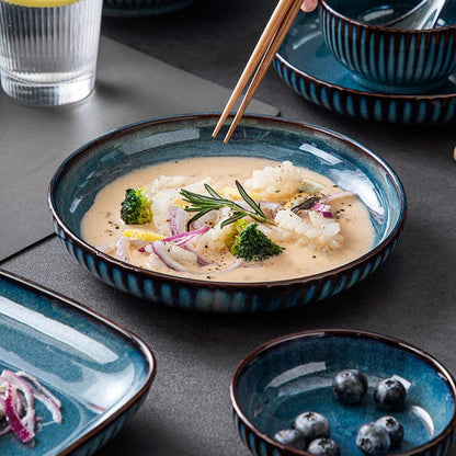 Blue Kiln Glazed Ceramic Plates, Microwaveable Dinner Plates, Round Rice Salad Bowls, Household Tableware Good Vibrations