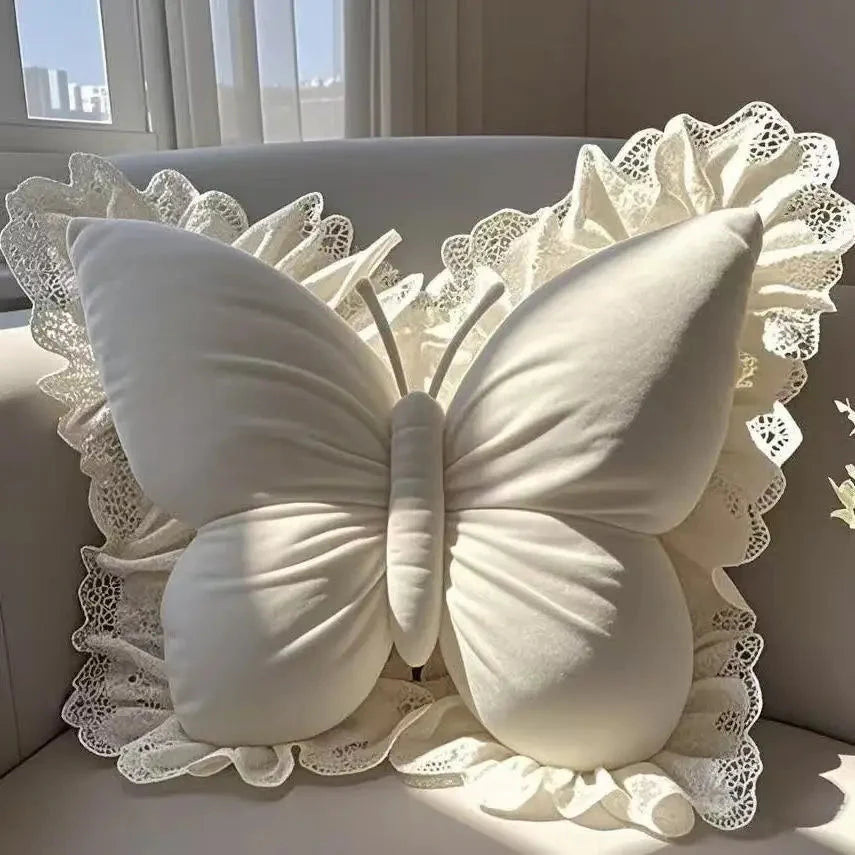 Princess Butterfly Office Pillow in soft white with lace trim, butterfly shape, decorative and comfortable for home, office, or car use