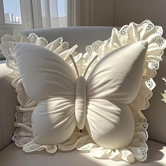 Princess Butterfly Office Pillow in soft white with lace trim, butterfly shape, decorative and comfortable for home, office, or car use