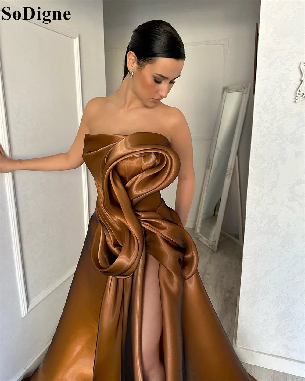 SoDigne Elegant Brown Evening Dresses A-Line Draped High Split Ruffles Strapless Long Party Dress Modern Prom Gowns Customized Good Vibrations